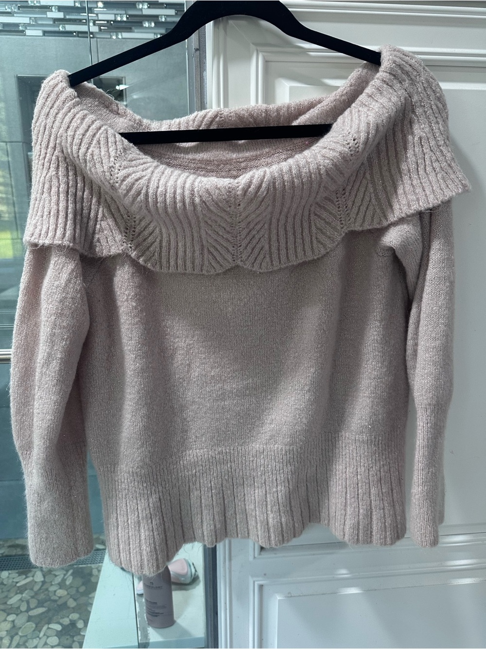 Soft Off-Shoulder Ribbed Knit Sweater - Light Blush with silver sparkle